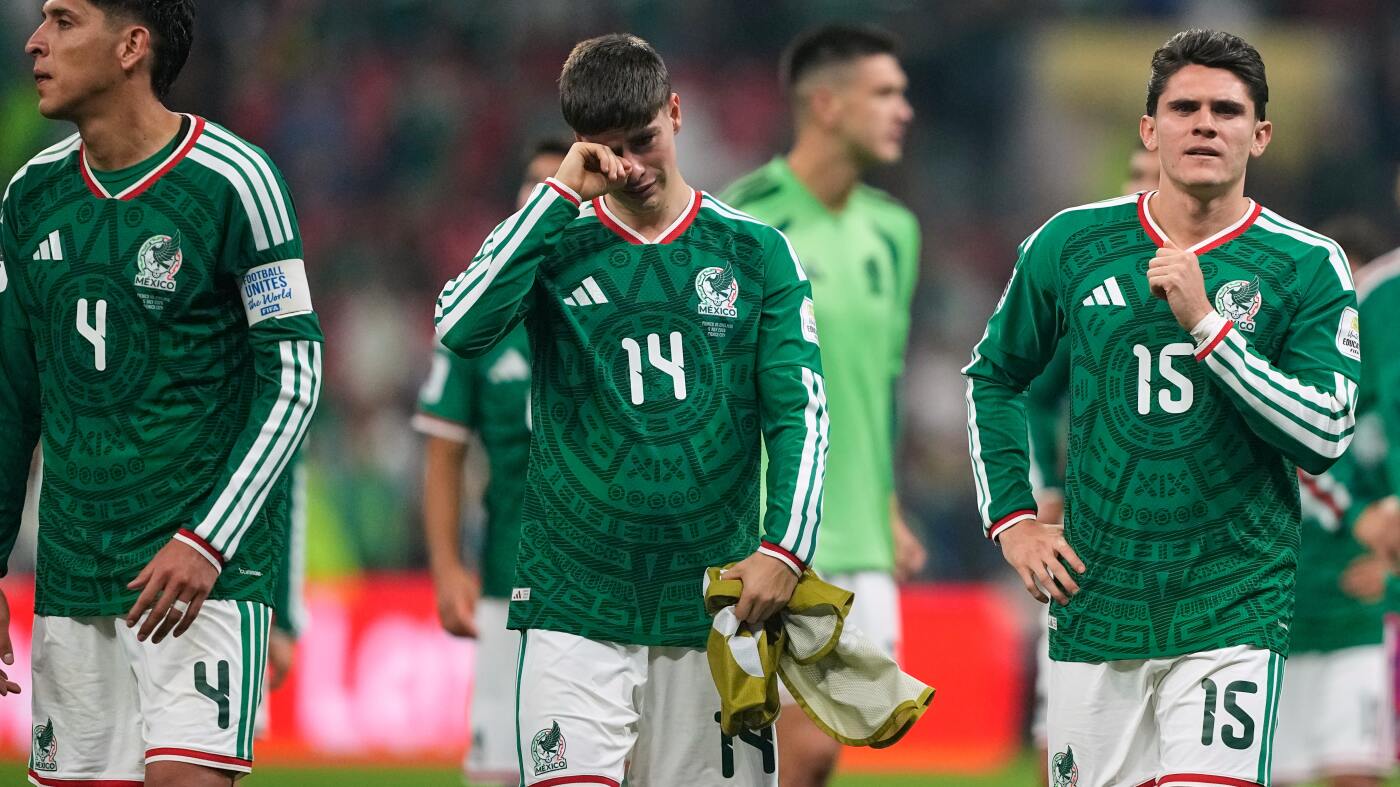Jude Bellingham celebrates for England against Mexico at Estadio Azteca in the World Cup round of 16. Photo: NPR