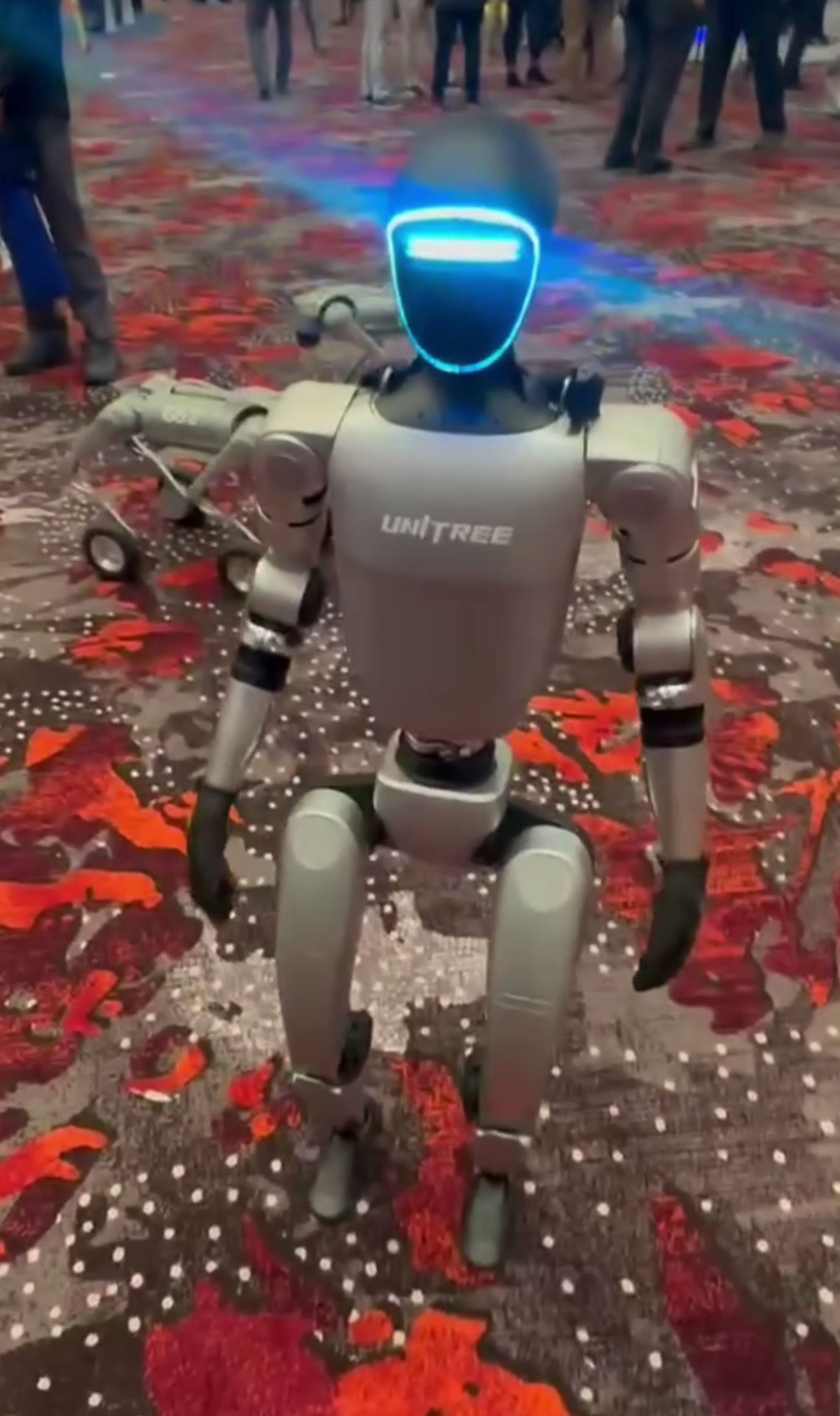 Unitree G1 humanoid robot on display at a UAV expo in 2024, the class of device United and Delta now bar from aircraft cabins and checked baggage. Photo: Sayanesy / Wikimedia Commons, CC0