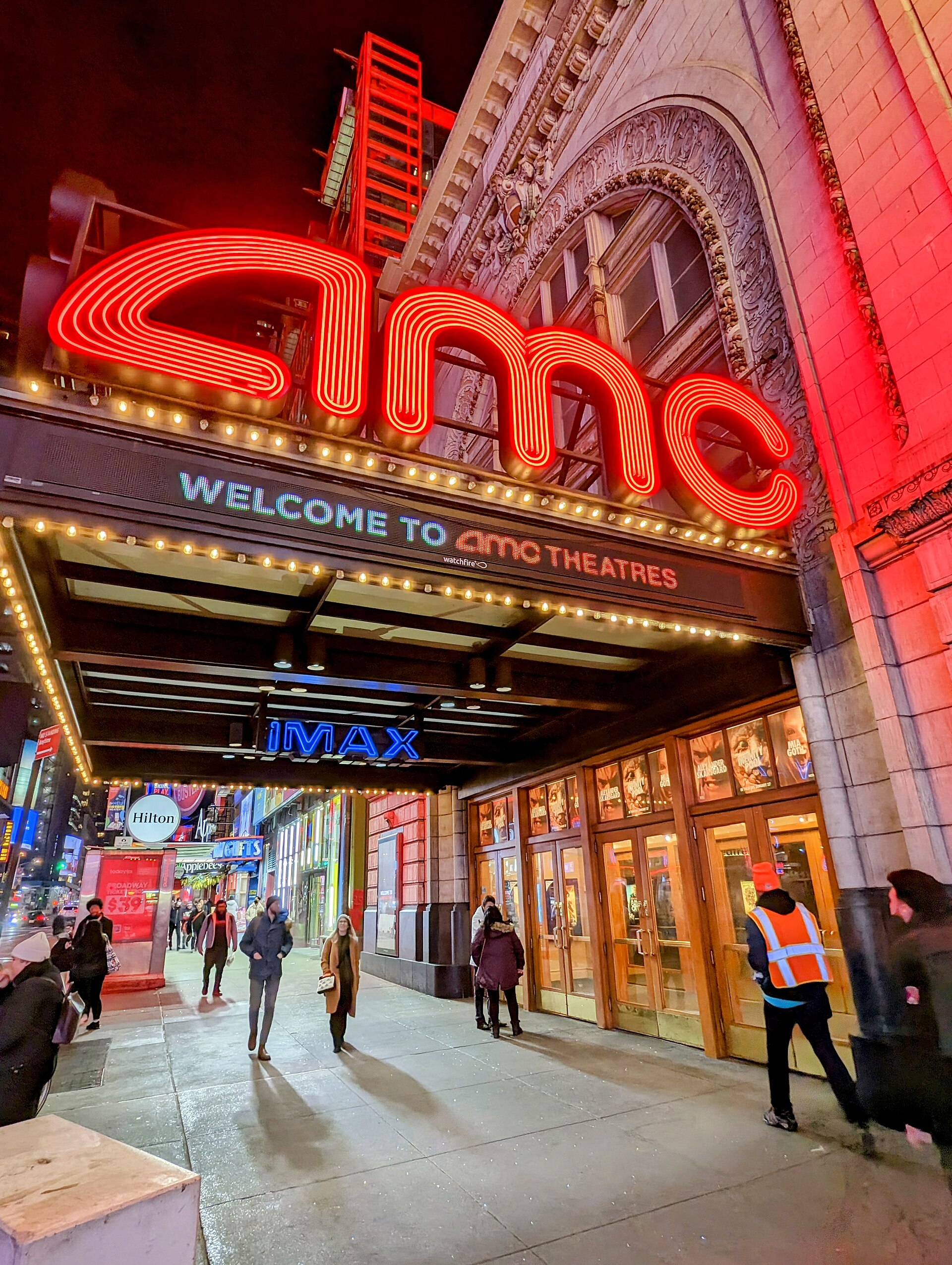 AMC theatre entrance with the chain's signage in New York, the exhibitor whose CEO Adam Aron endorsed the Paramount Warner merger. Photo: Eden, Janine and Jim / Wikimedia Commons, CC BY 2.0