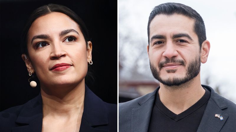 Representative Alexandria Ocasio-Cortez speaking at a campaign rally as she endorses Senate candidate Abdul El-Sayed in Michigan