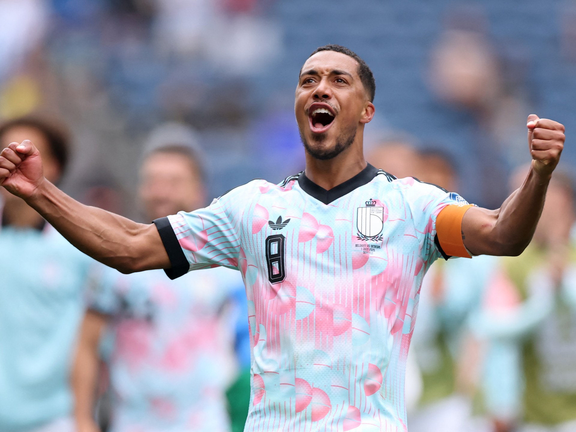 Youri Tielemans celebrates his extra-time penalty as Belgium beat Senegal 3-2 at Seattle Stadium in the World Cup 2026