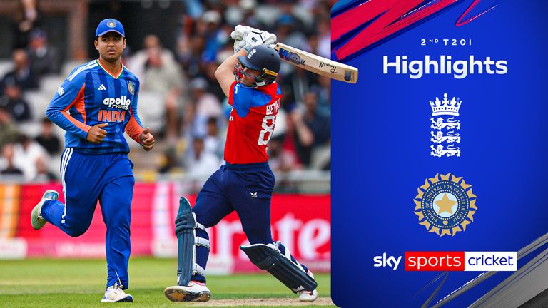 Jacob Bethell batting for England against India in the 2nd T20I at Manchester. Photo: Sky Sports