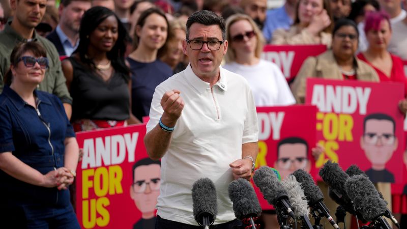 Greater Manchester mayor Andy Burnham addresses supporters after his Makerfield by-election win. Photo: CNN