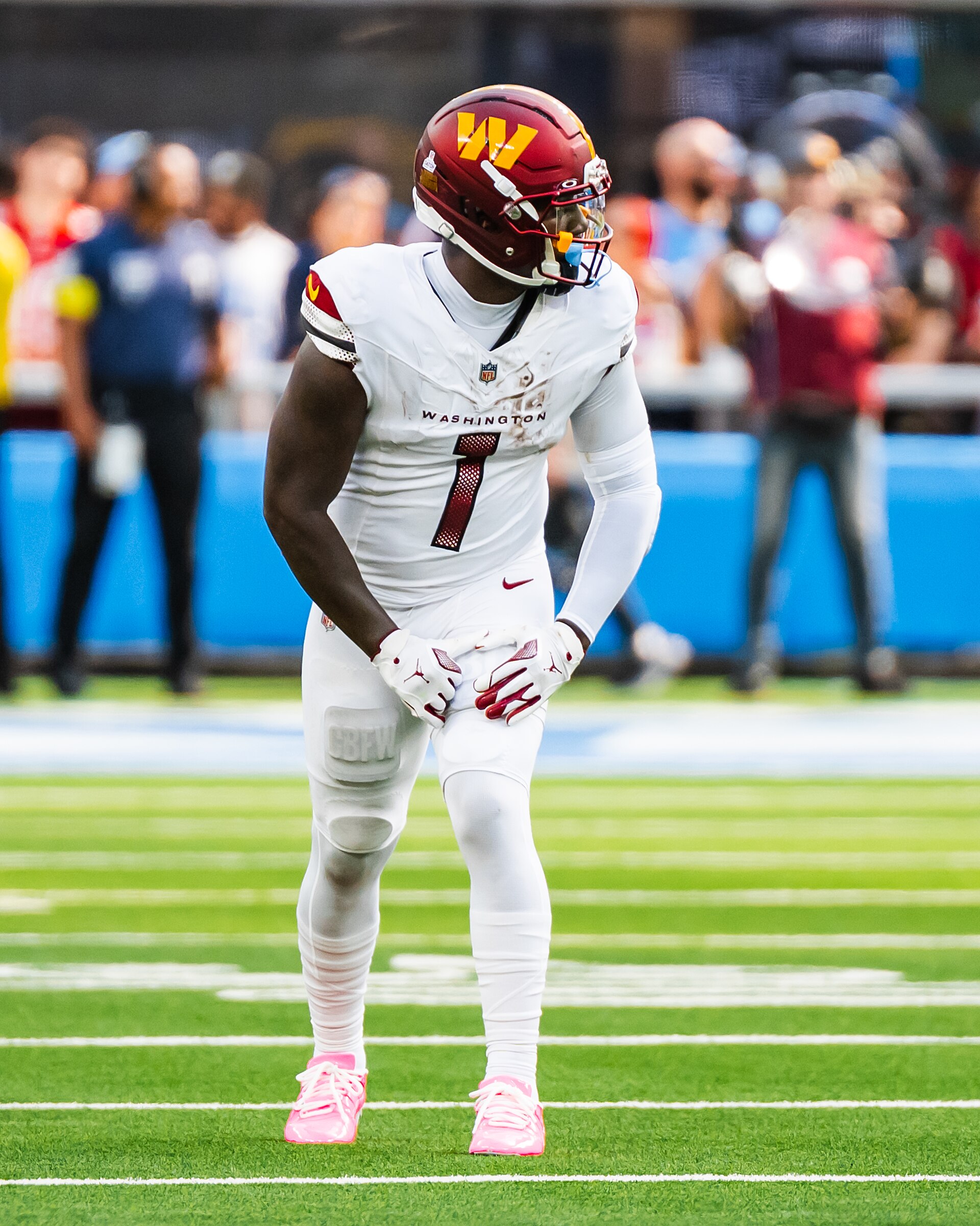 Deebo Samuel lines up for the Washington Commanders against the Los Angeles Chargers at SoFi Stadium in Week 5 of 2025, his one season away from San Francisco. Photo: Joe Glorioso / All-Pro Reels via Wikimedia Commons, CC BY-SA 4.0