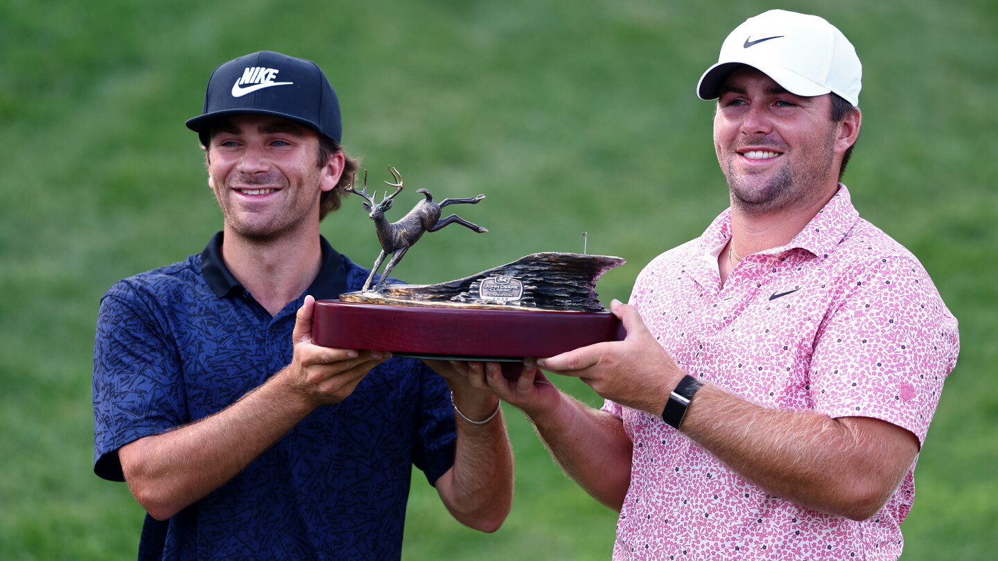 Chris Gotterup celebrates his one-stroke victory at the John Deere Classic. Photo: Golf Channel