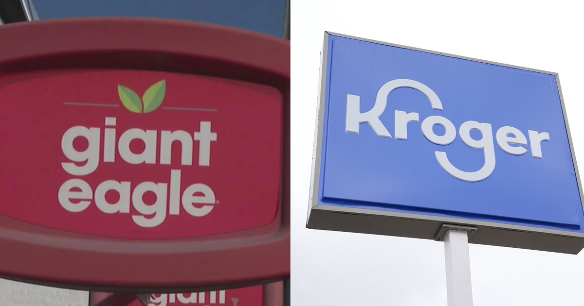 Kroger and Giant Eagle storefront signage illustrating the grocery acquisition across the Ohio Valley. Photo: CBS News