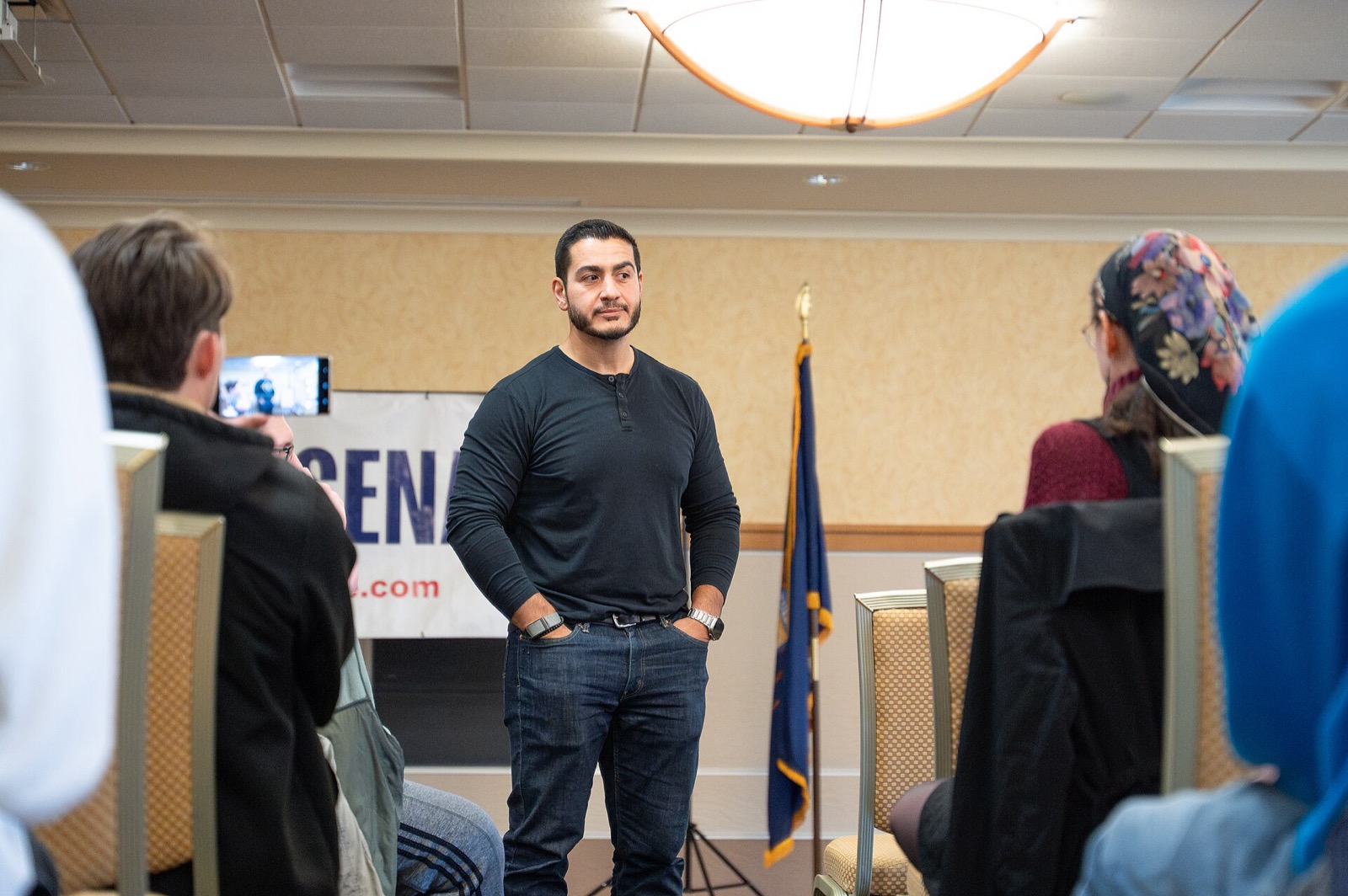Abdul El-Sayed speaking with voters at a Michigan campaign meet-and-greet during his Senate run. Photo: Conlan Houston / Wikimedia Commons, CC BY-SA 4.0