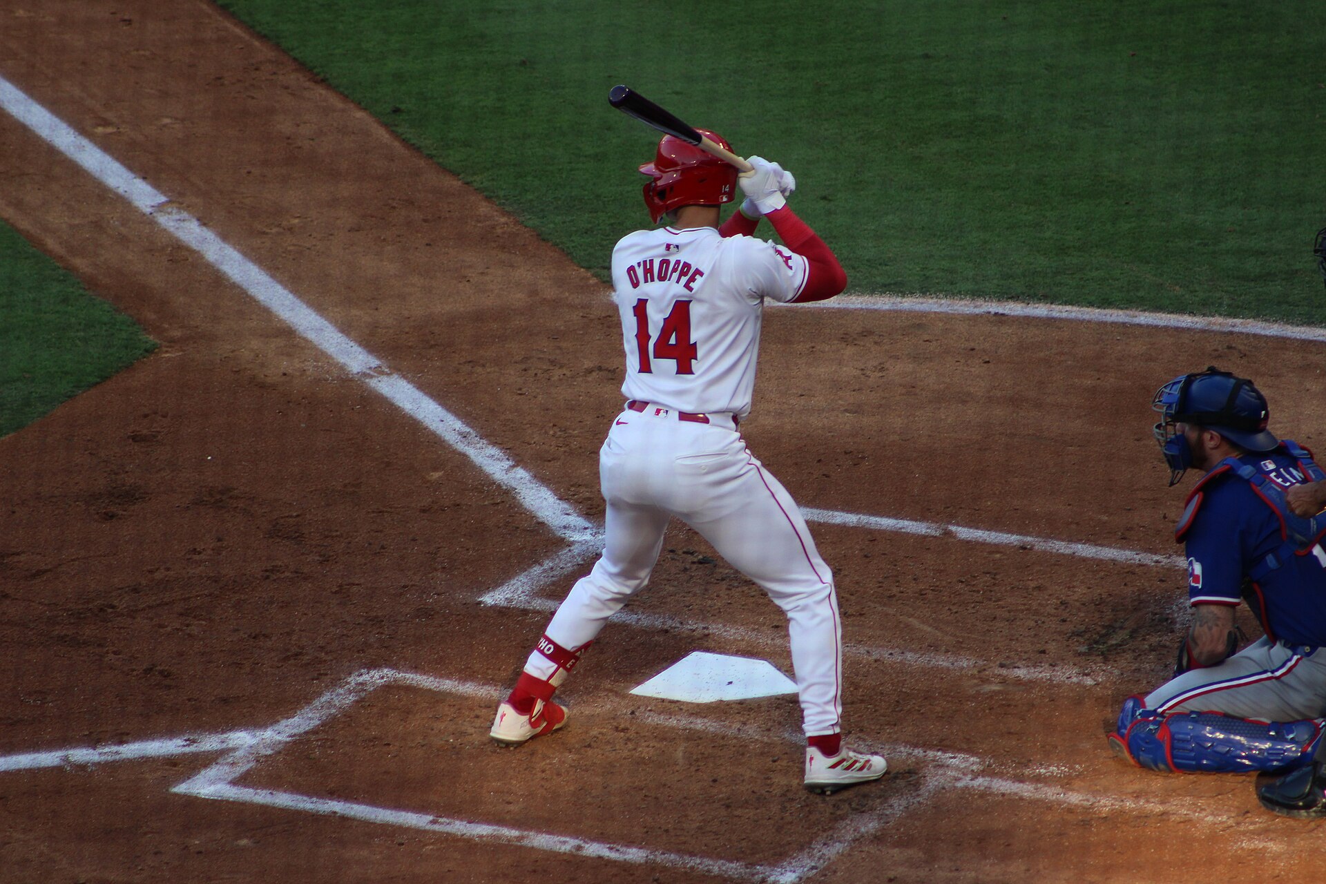 Logan O'Hoppe catching for the Los Angeles Angels during a 2024 game against the Texas Rangers, the club that acquired him on July 29, 2026. Photo: Sewageboy / Wikimedia Commons, CC BY-SA 4.0