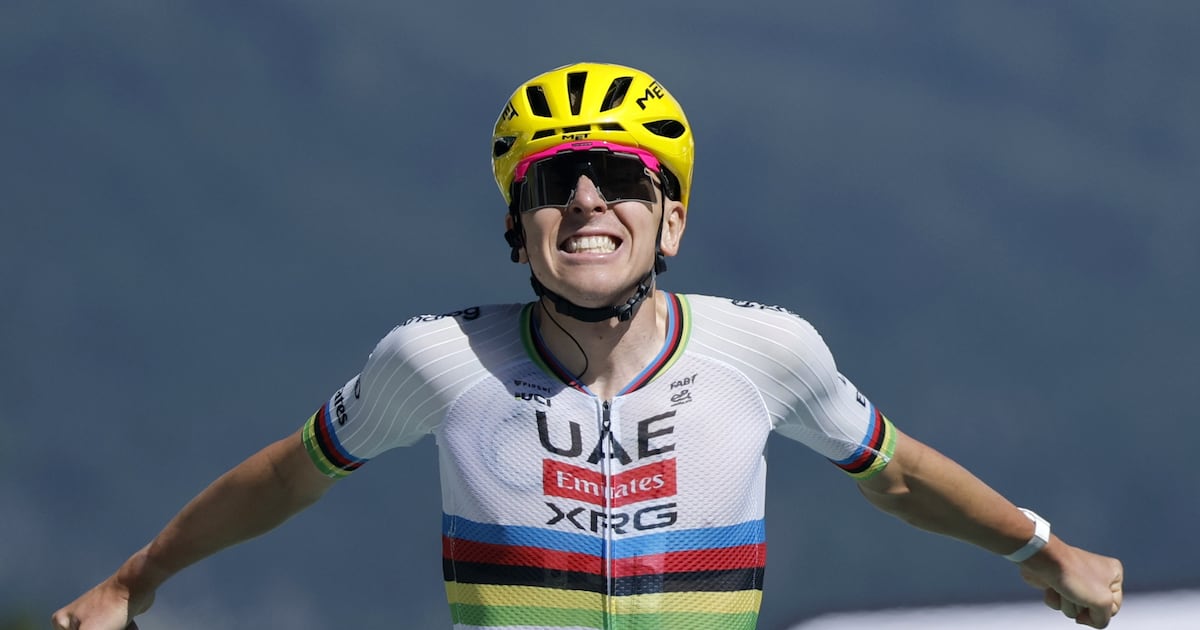 Tadej Pogacar accelerates toward the summit finish at Les Angles during Stage 3 of the 2026 Tour de France. Photo: The National
