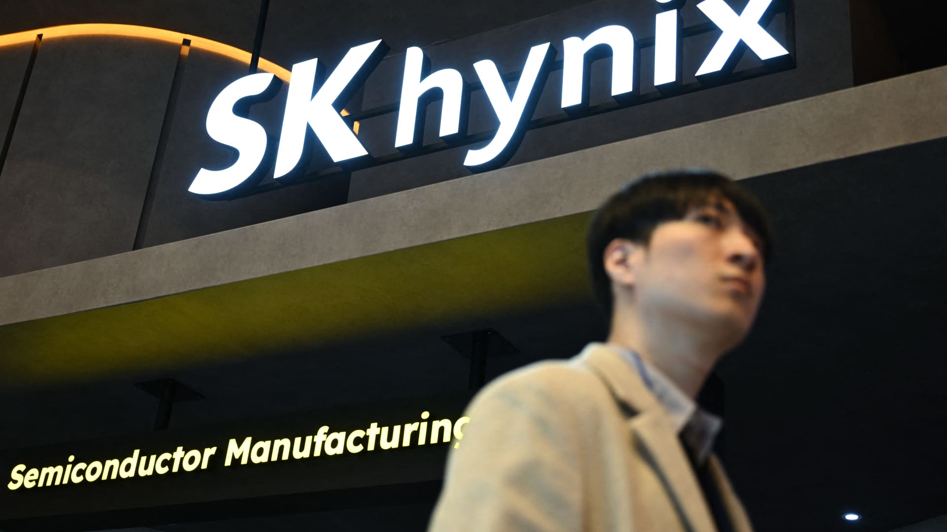 SK Hynix corporate logo displayed at a semiconductor facility as the company prepares its Nasdaq listing. Photo: CNBC